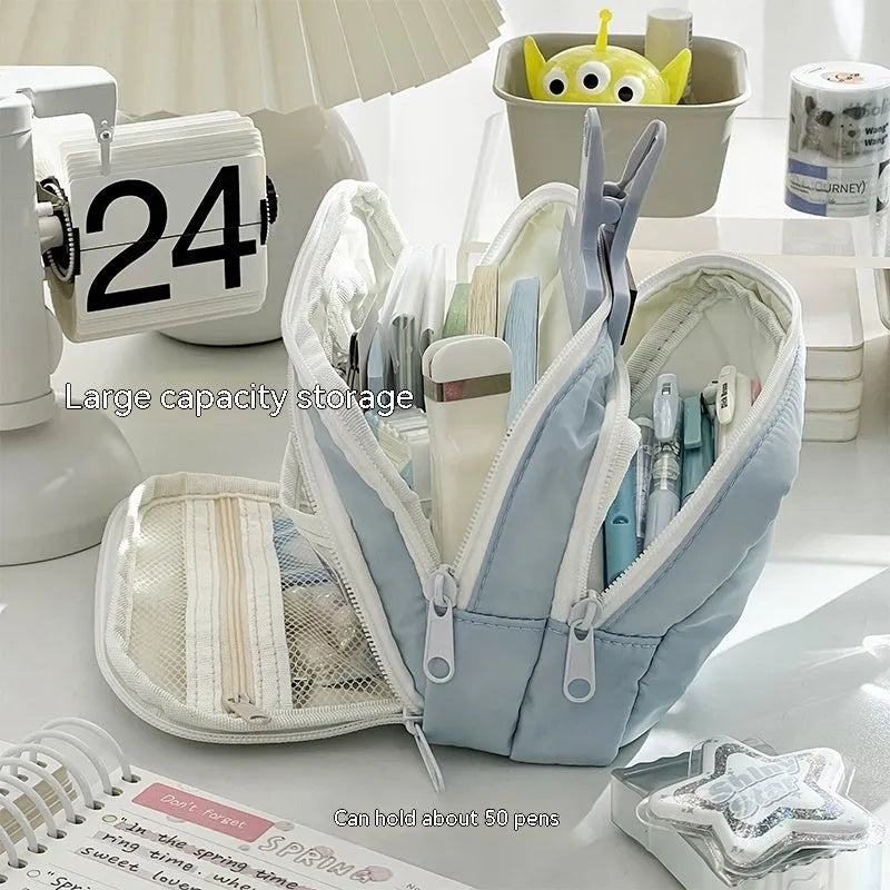 Double layer pencil case in solid colour with gift handle, dimensions 215mm x 135mm x 85mm