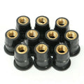 Black rubber and brass well nut riveting fasteners for motorcycle windshields in M4, M5, and M6 sizes