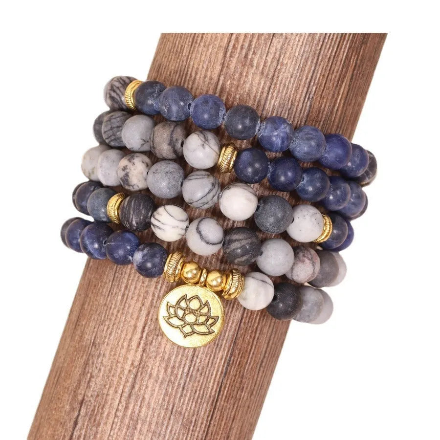Blue patterned network stone bead multi layer alloy bracelet with natural fresh sweet style.