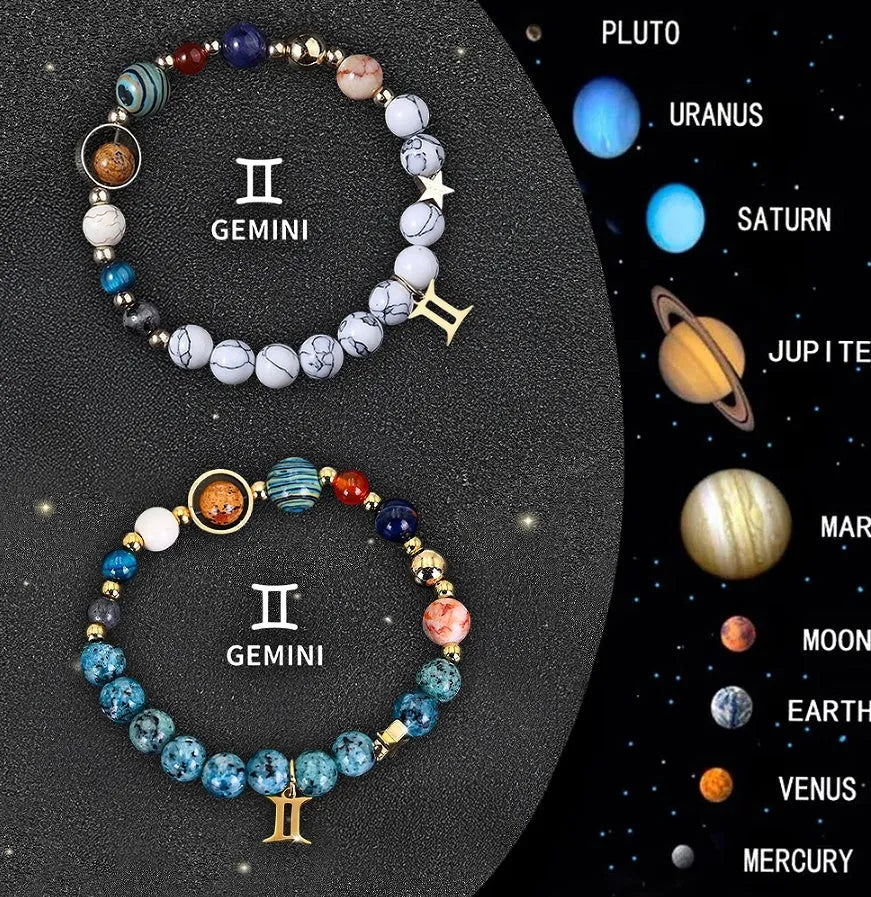 Natural stone zodiac sign bracelets with adjustable cords showing twelve astrology designs
