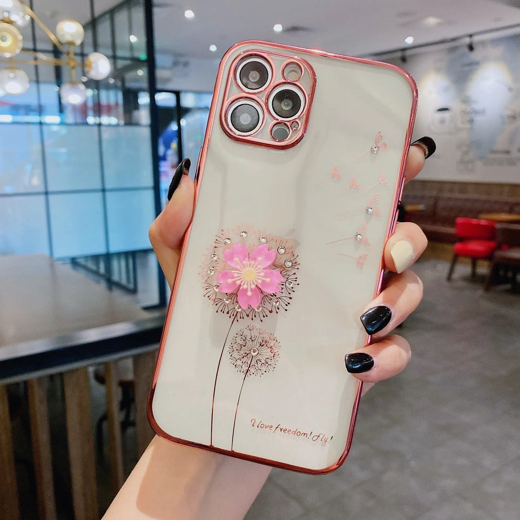 Green iPhone case with a 3D floral spin stand on the back and a built-in screen protector.