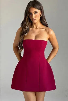 Women's solid colour backless tube dress with A-line skirt on a hanger.