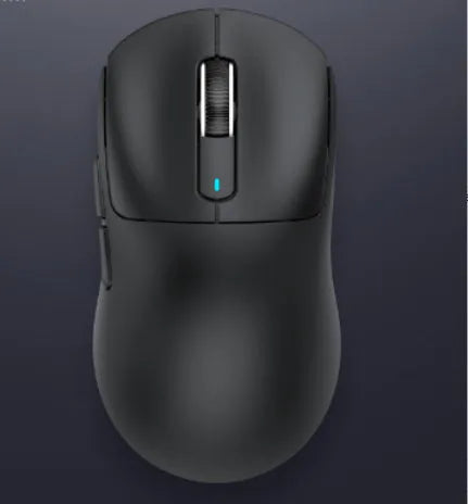 Black three-mode rechargeable computer mouse with parachute cord, shown next to USB receiver.