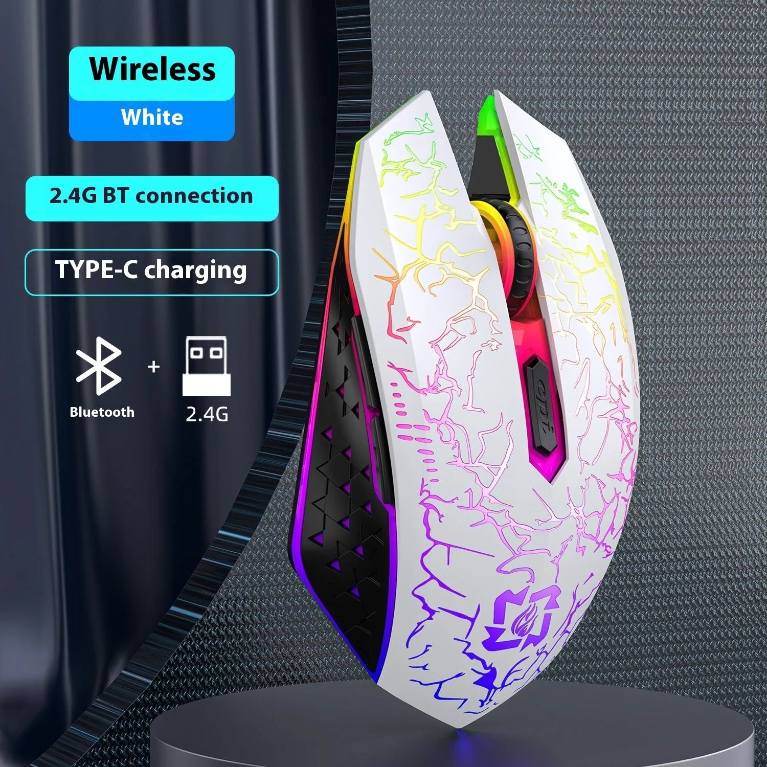 Black and white wireless gaming mouse showing Bluetooth and 2.4G dual-mode connectivity with luminous breathing light effect