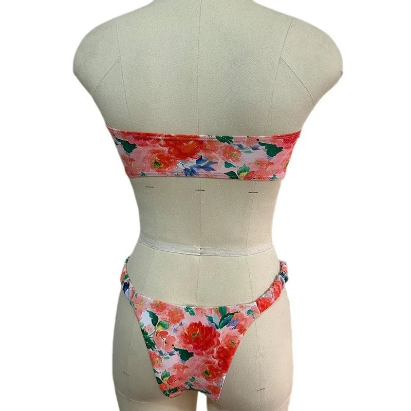 Women's printed floral tube top bikini with lace detailing in blue, pink, yellow or multicolour options