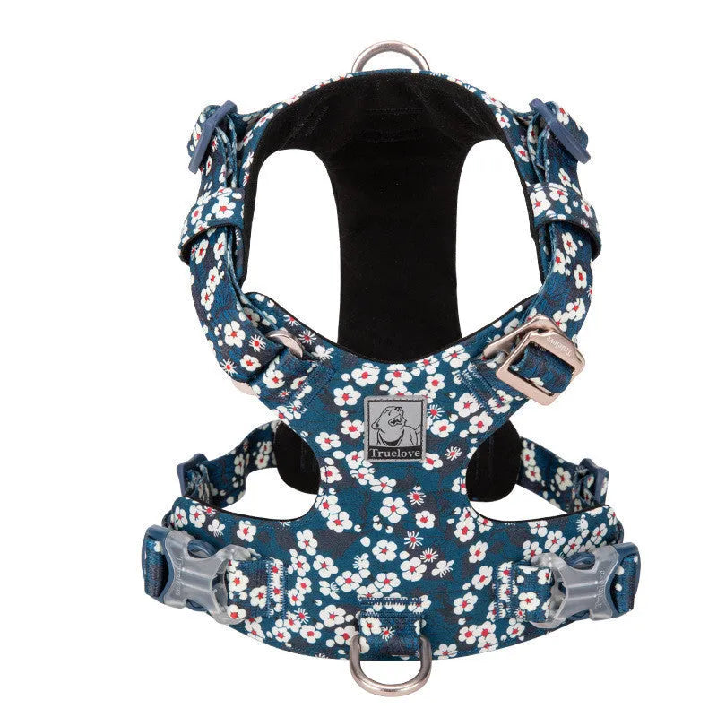 Pure cotton dog harness with floral pattern chest strap in red, blue, or green on various sized dogs