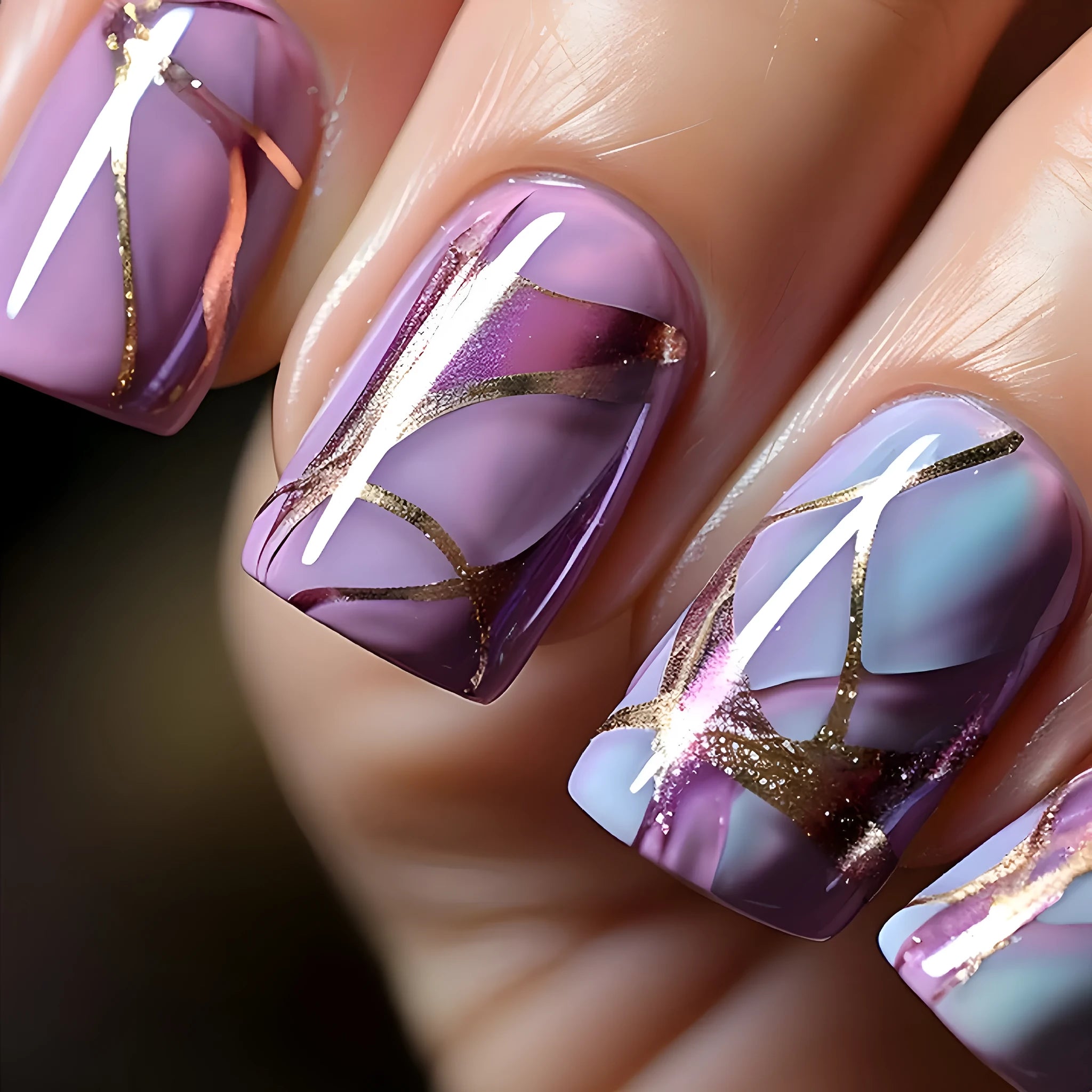 Medium length purple striped nail stickers in European and American style for self-adhesive nail decoration