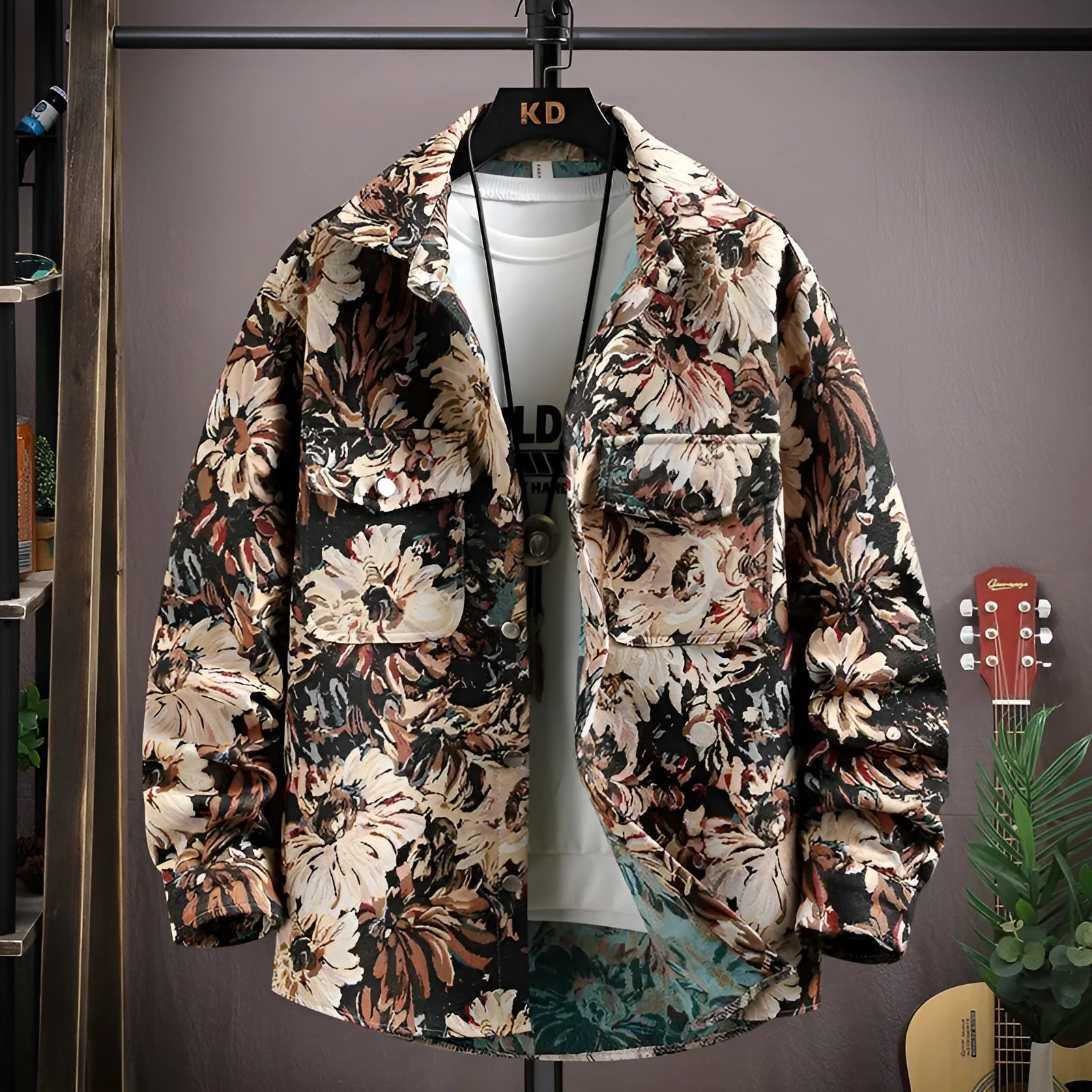 Casual lapel shirt coat in polyester fabric showing straight hem and long sleeve design