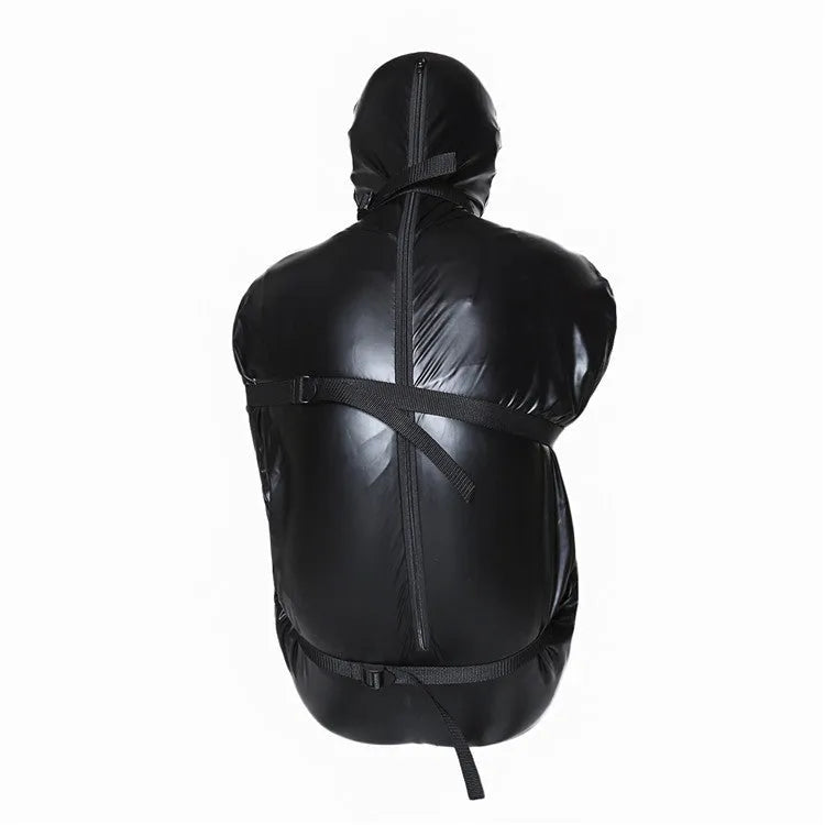 Black patent leather bondage set with full coverage garment and six ratchet tie-down straps