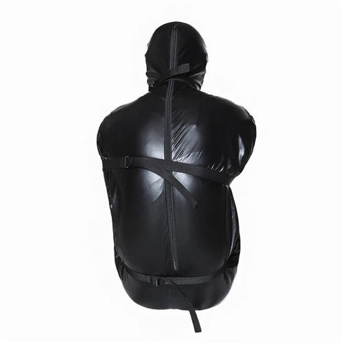 Black patent leather bondage set with full coverage garment and six ratchet tie-down straps