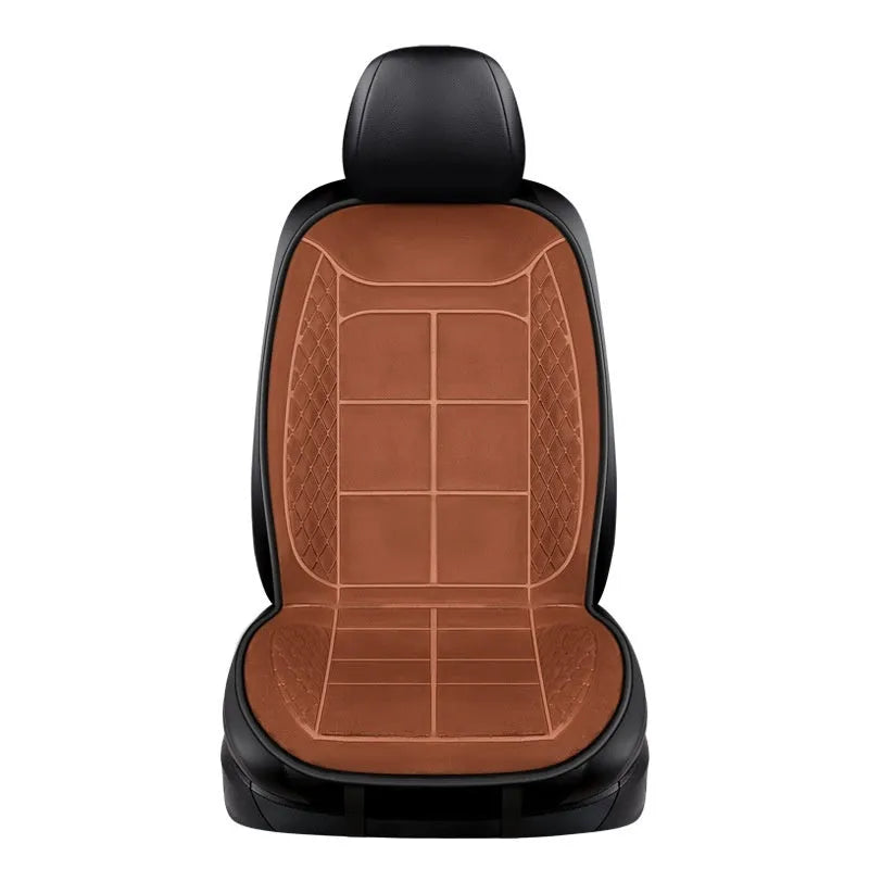 Car heating cushion on vehicle seat showing automatic heating function and cotton fill construction.