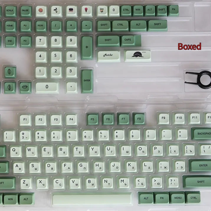 124 PBT keycaps with matcha green colour and white doubleshot legends for mechanical keyboards.