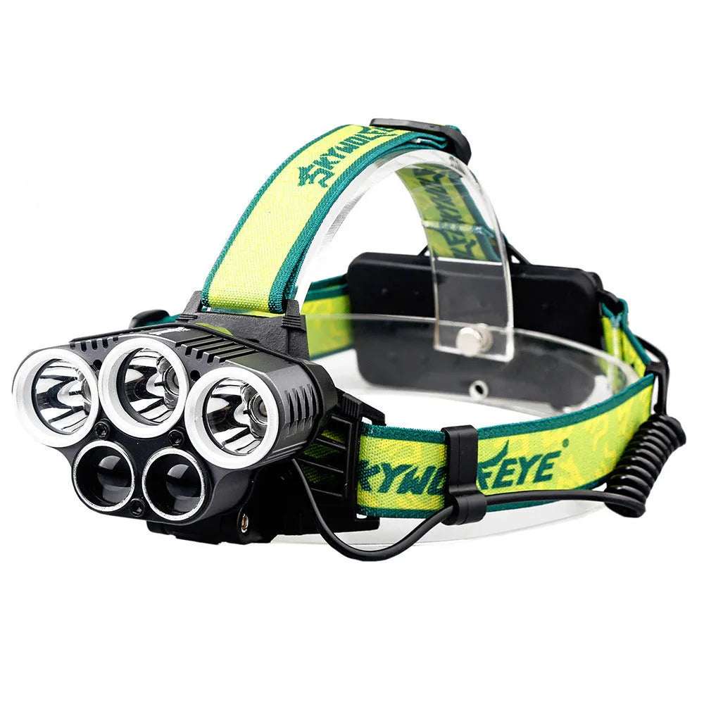 USB rechargeable outdoor headlamp with 5 LEDs and aluminium alloy body on headband.