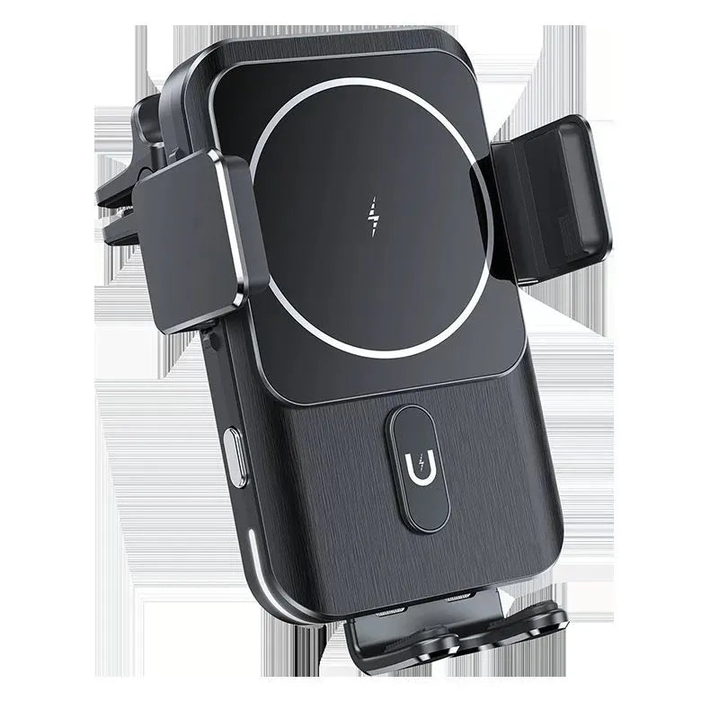 Black car wireless phone charger holder showing both clip and suction cup mounting options.