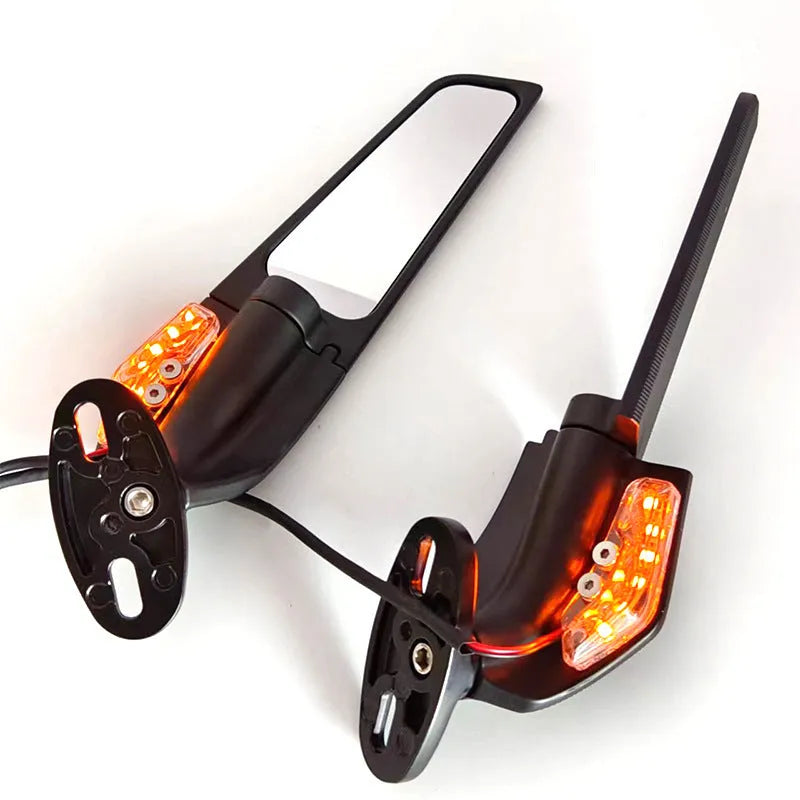 Motorcycle rearview mirror spoiler with integrated yellow light, aluminium alloy construction, convex white glass lens