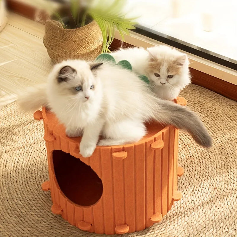 Natural felt semi-enclosed cat nest with drilled holes available in M and L sizes