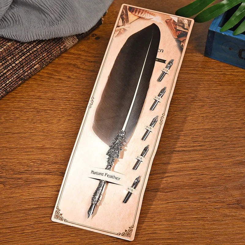 Vintage feather dip pen in 10 colours with zinc alloy construction and 30cm length