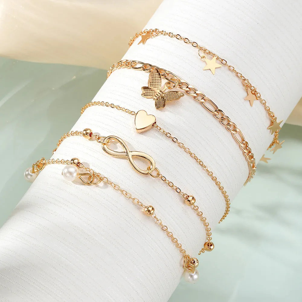 Women's butterfly pearl heart anklet 4-piece set in alloy with adjustable clasps
