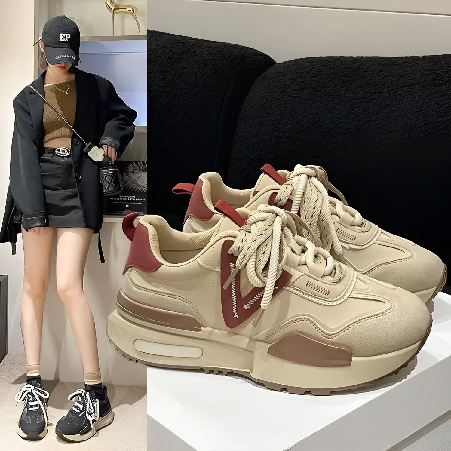 Women's black and khaki red retro platform sports shoes with round toe and front lace-up.
