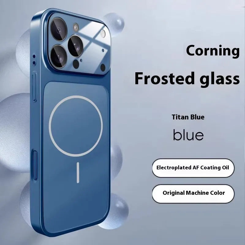 Tempered glass magnetic iPhone case in frosted finish shown in black, orange, and titanium grey colours.