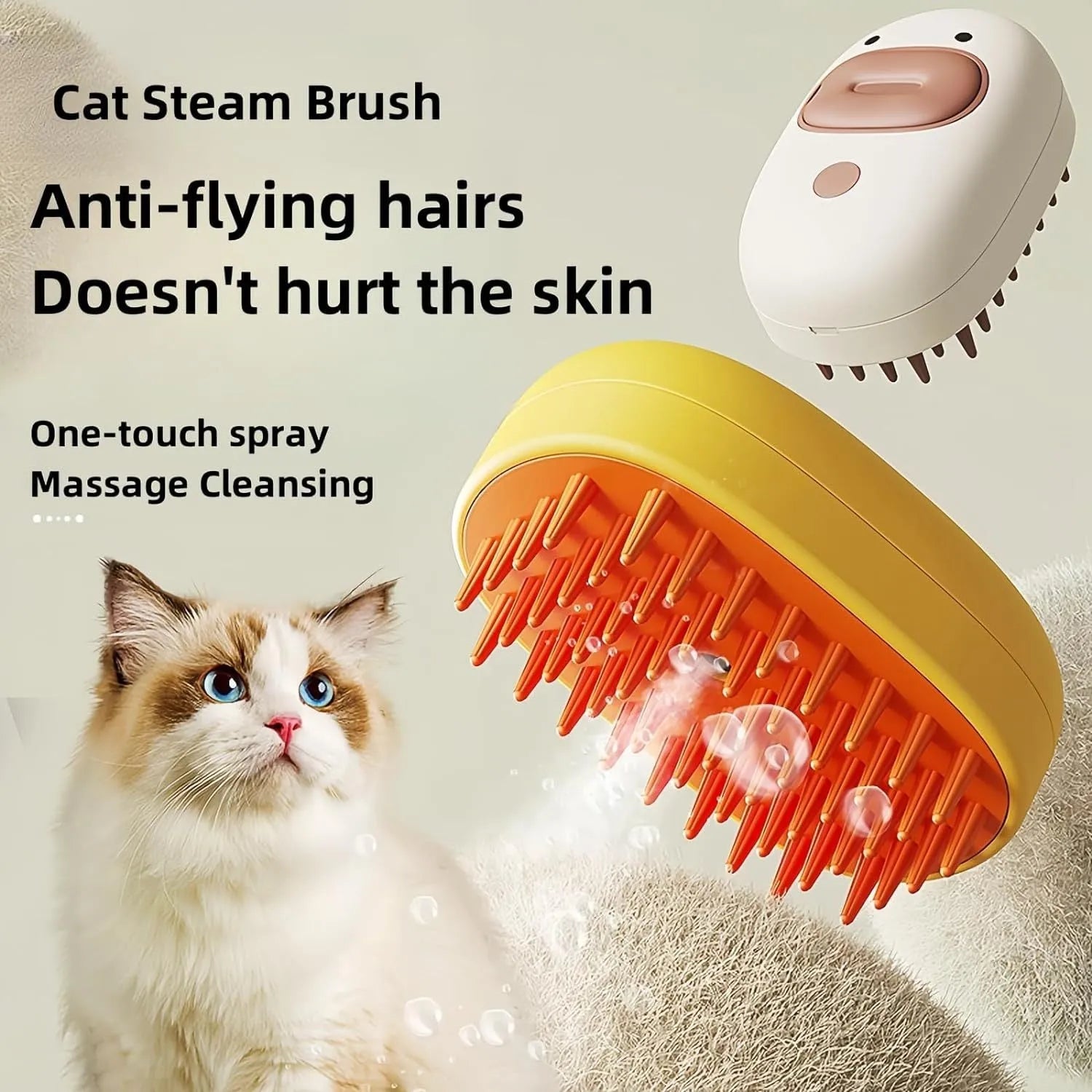 White rechargeable pet steam brush with silicone comb teeth for cat and dog grooming