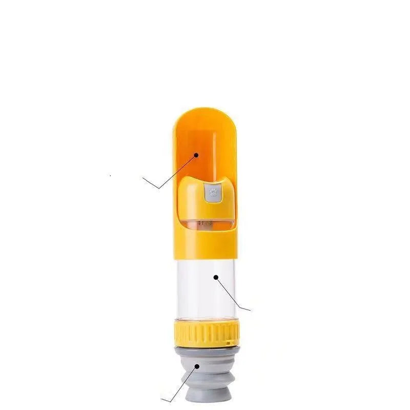 Dog outgoing pet water cup in blue, white or yellow with grain packaging compartment and PC material