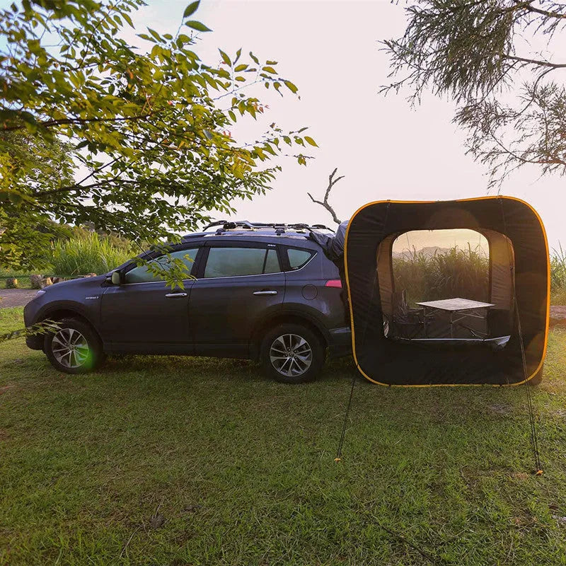 Black pop-up car tail tent with unfolded dimensions of 200cm cubed and waterproof Oxford cloth construction