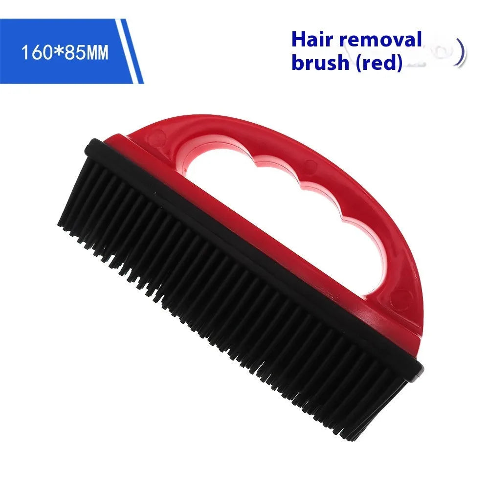 Red pet hair removal brush with ergonomic handle for grooming and massage, 160x85mm dimensions