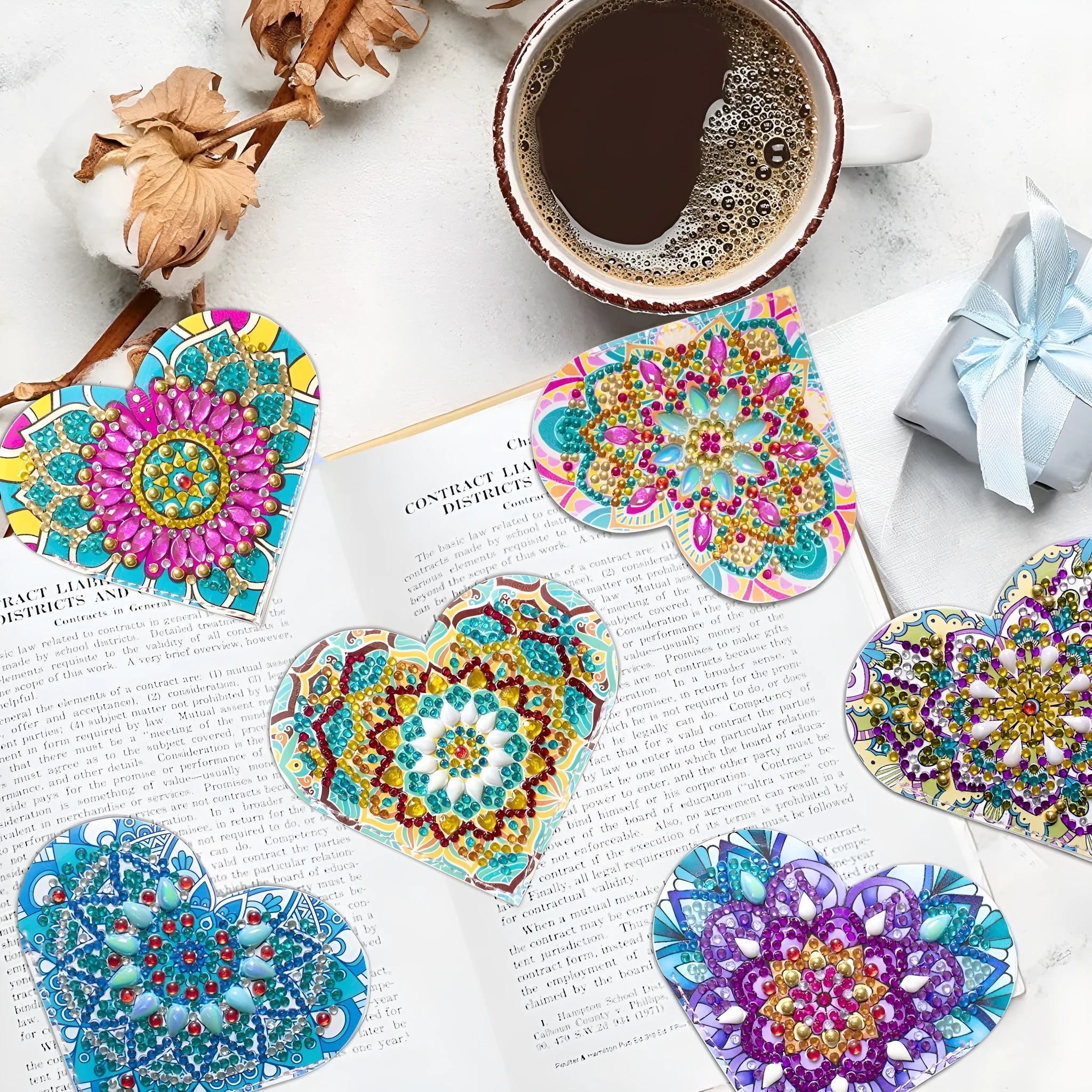 Six handmade PU leather bookmarks with stick-on crystals and flower decoration in modern simplicity style