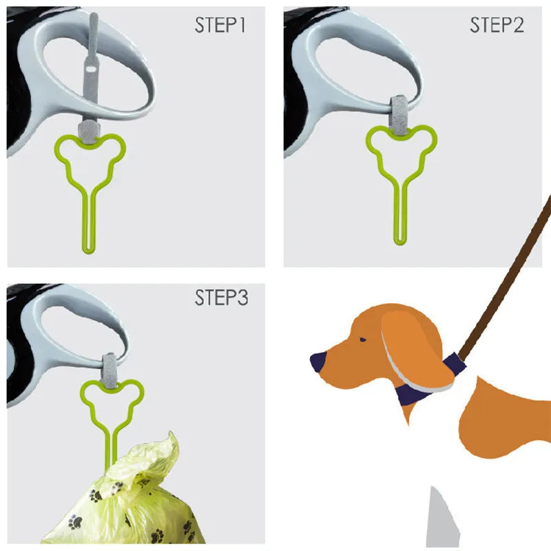 A dog poop bag holder with a Velcro strap, shown attached to a pet leash.