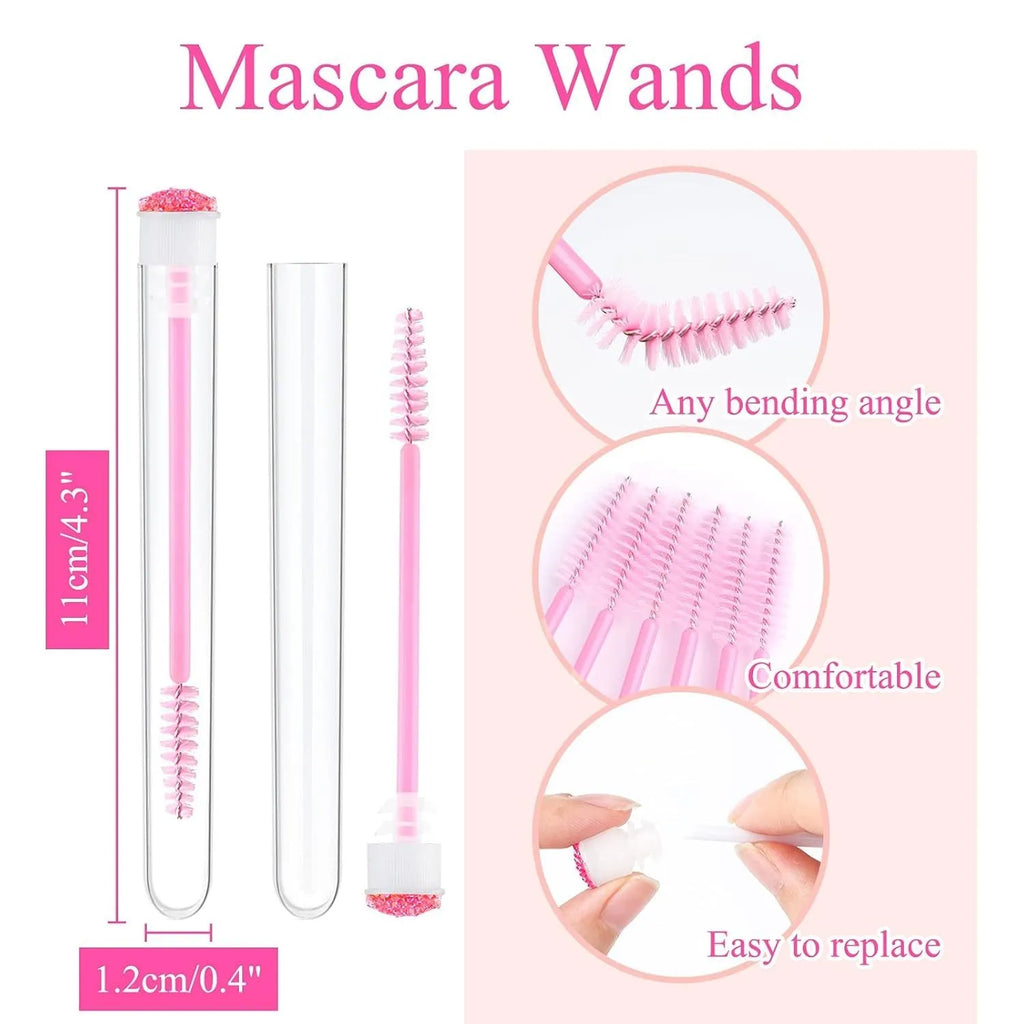 Disposable eyelash and mascara brushes in transparent plastic tubes with spiral brush heads