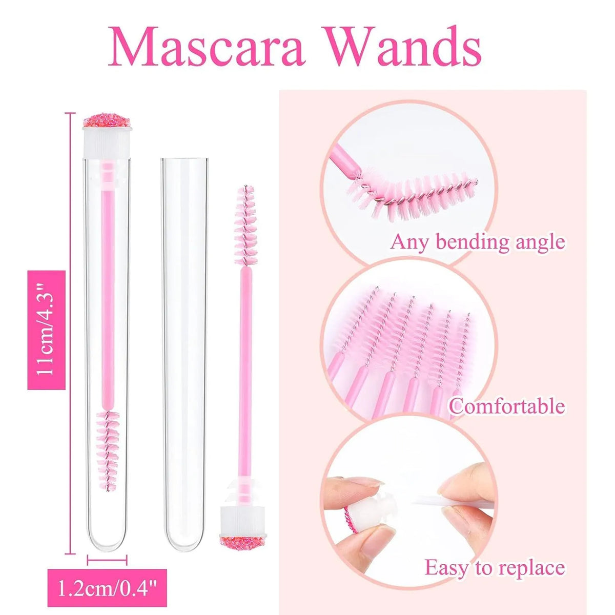 Disposable eyelash and mascara brushes in transparent plastic tubes with spiral brush heads