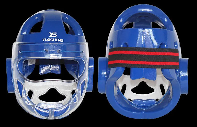 Karate helmet protective equipment in white, blue, or red colour with S, M, L, XL sizing options