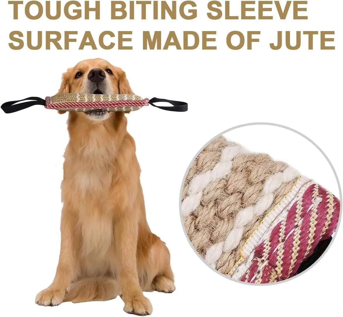 Beige woven jute dog tug toy with two fabric handles on a grey background.