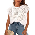 White loose fit crochet pullover sweater with round neck for women