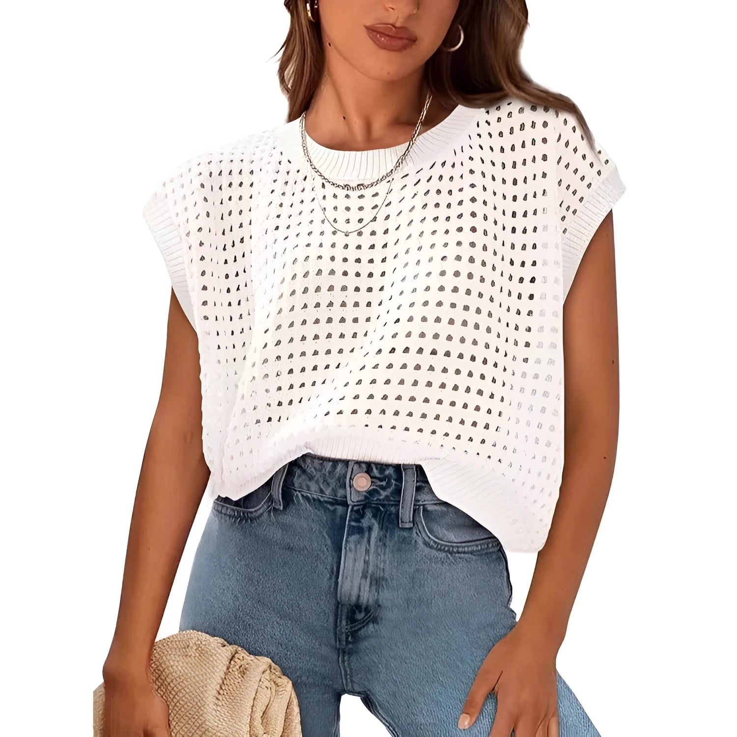 White loose fit crochet pullover sweater with round neck for women