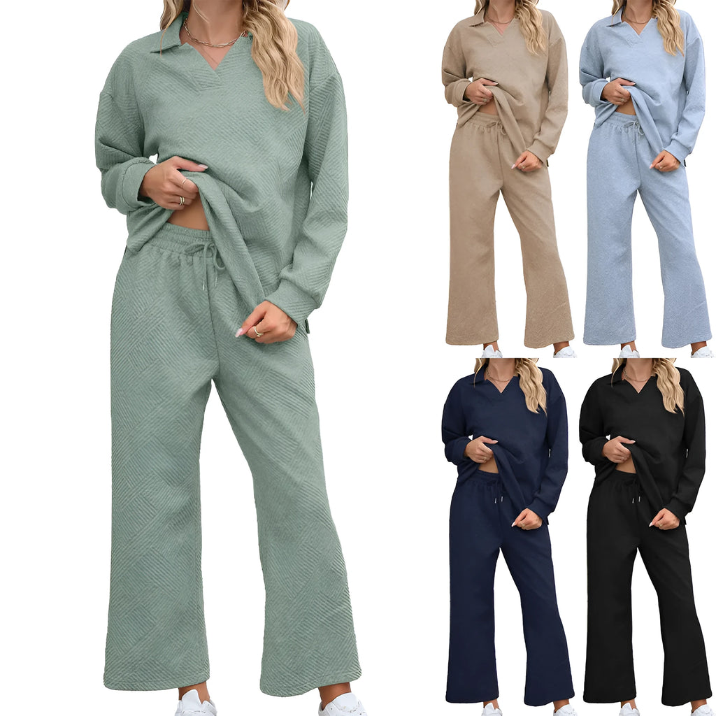 Women's black knitted jacquard sweater and elastic waist cropped pants suit, geometric pattern, urban style.