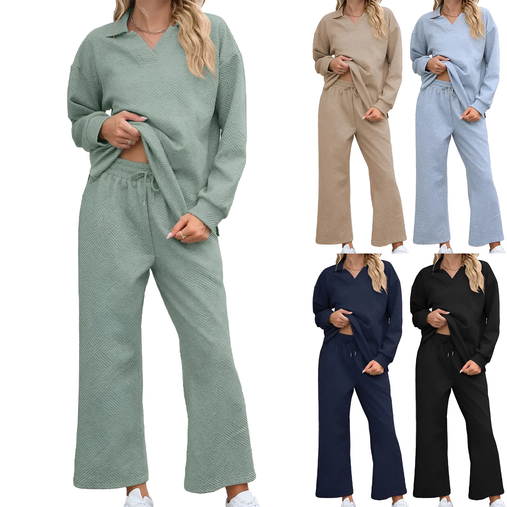 Women's black knitted jacquard sweater and elastic waist cropped pants suit, geometric pattern, urban style.