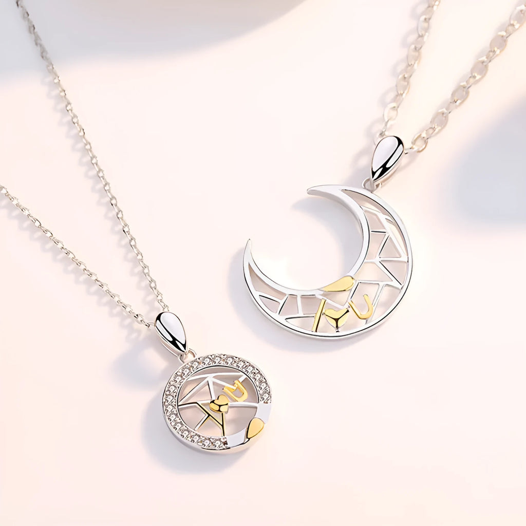 Sun and moon tooth couple necklace with copper pendants on cross chain