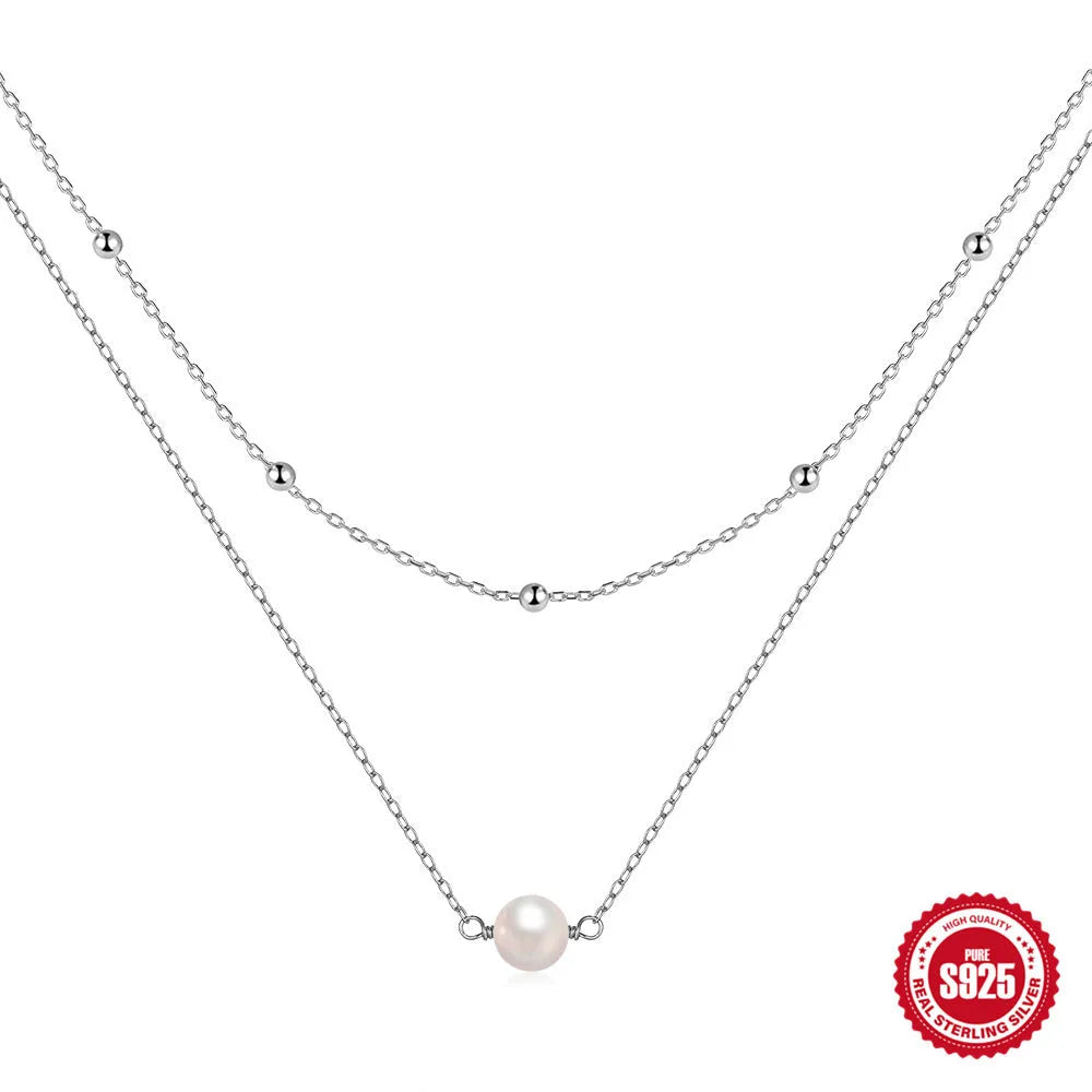 S925 sterling silver double layer pearl necklace with twin pearls and ball bead chain in gold colour