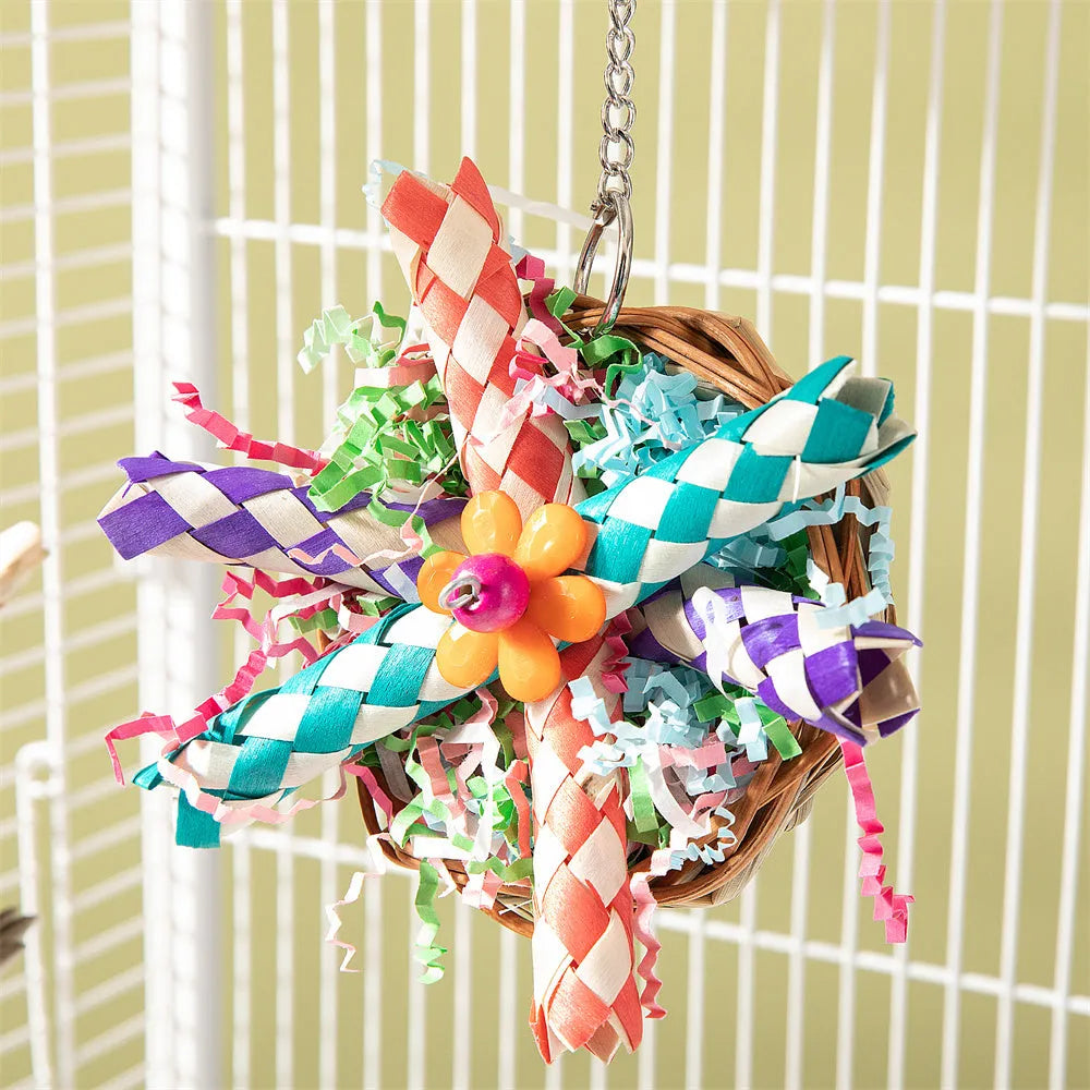 Parrot gnawing toy with coloured wood blocks on rope for small to medium birds