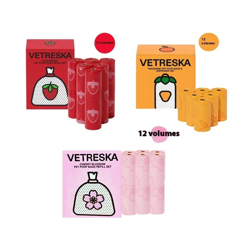 Portable dog poop bag dispenser capsule with scented inner bags in strawberry, orange and cherry blossom options