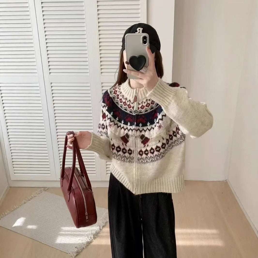Ethnic jacquard pullover sweater with 3D pattern in apricot colour showing loose fit and round neck design