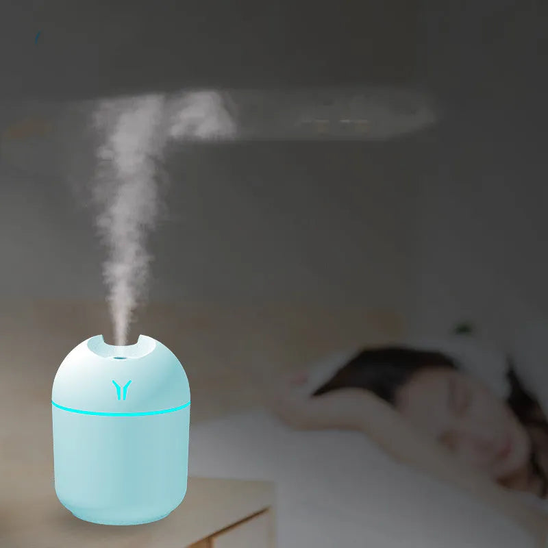 Round desktop humidifier diffuser in ivory white with USB cable connection and 250ml water tank capacity.