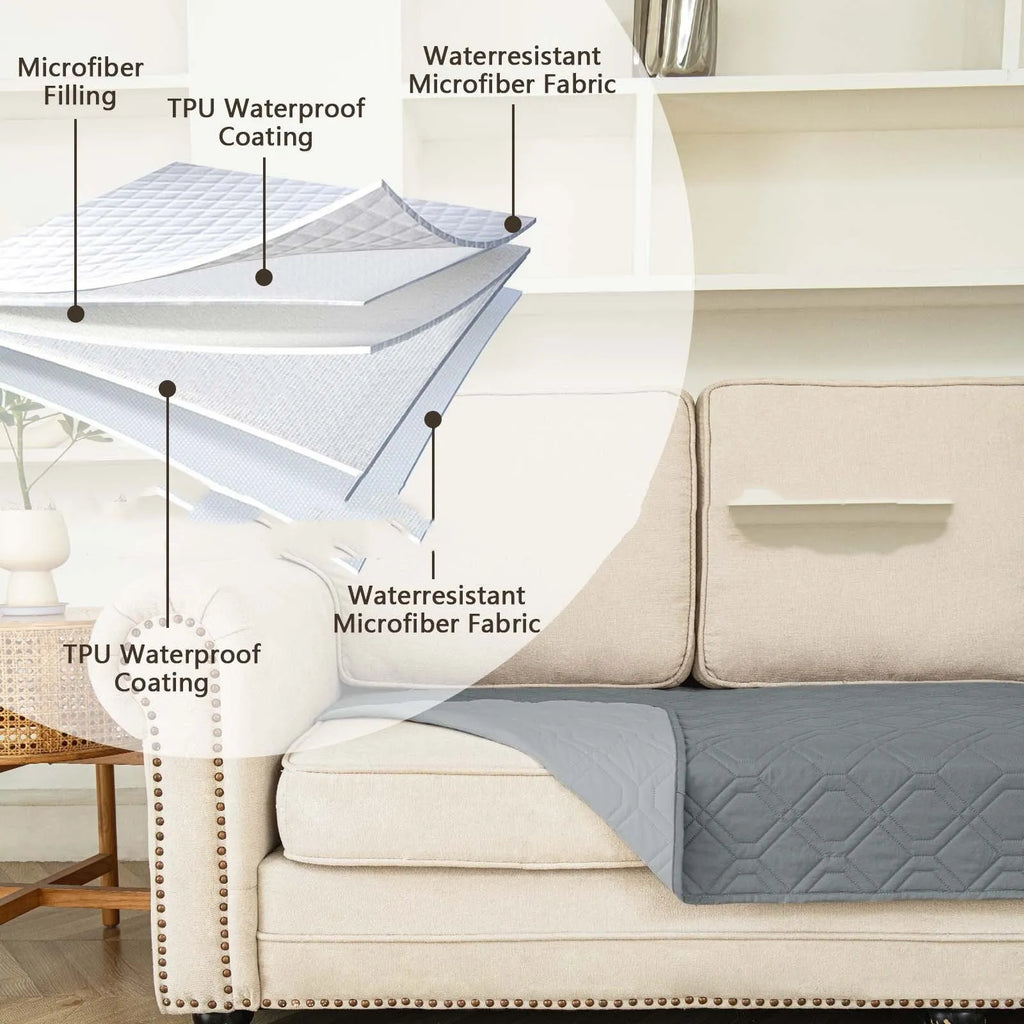 Reversible waterproof dog cushion showing dark grey and khaki colour sides, with size graphic.