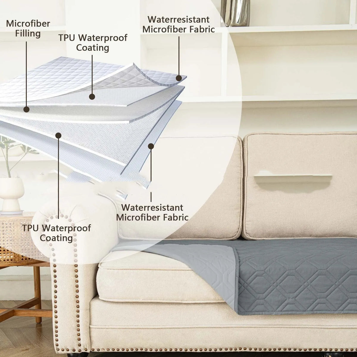 Reversible waterproof dog cushion showing dark grey and khaki colour sides, with size graphic.