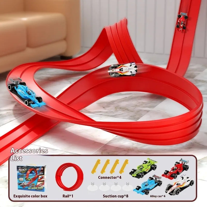 DIY assembled plastic inertia rail car toy set with 4m or 5m red or blue track in a colour box