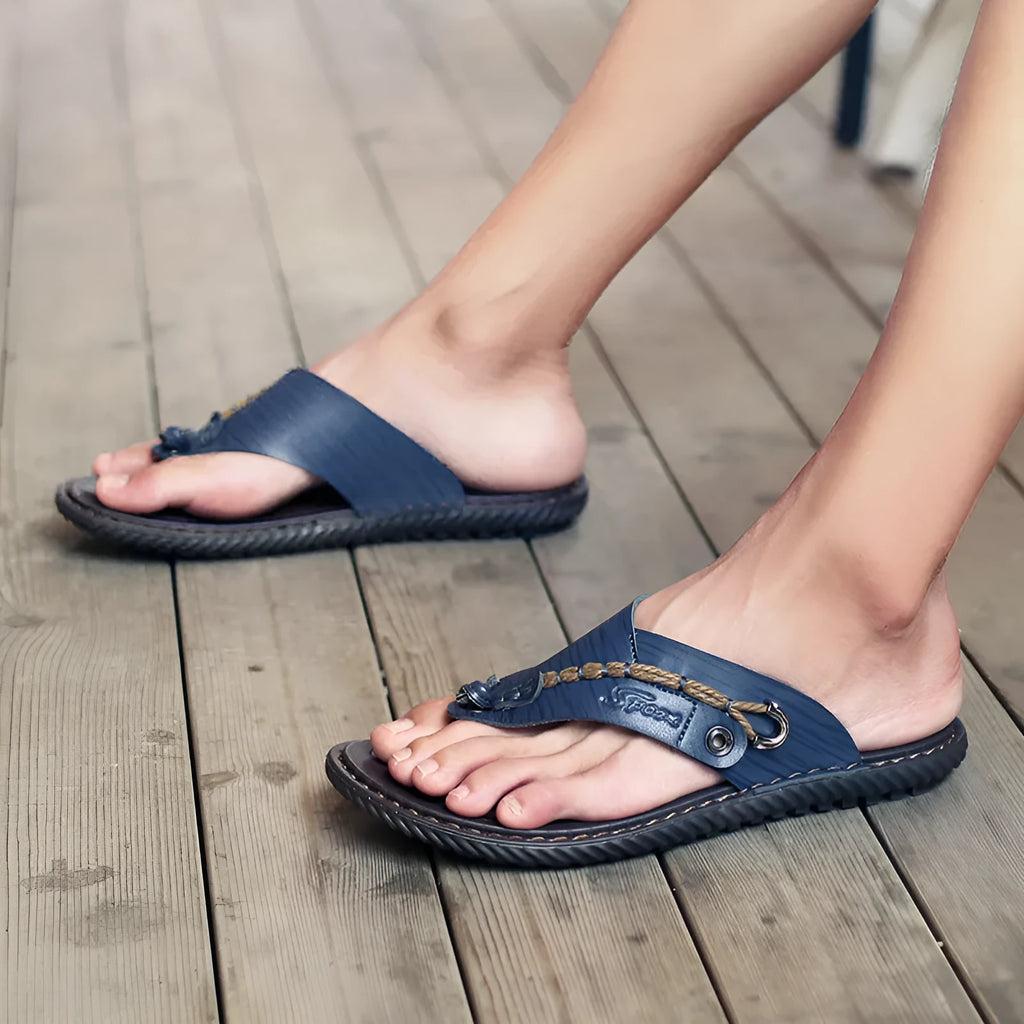 Men's non-slip casual slippers with PU leather upper in black, light brown, blue, and khaki colour options