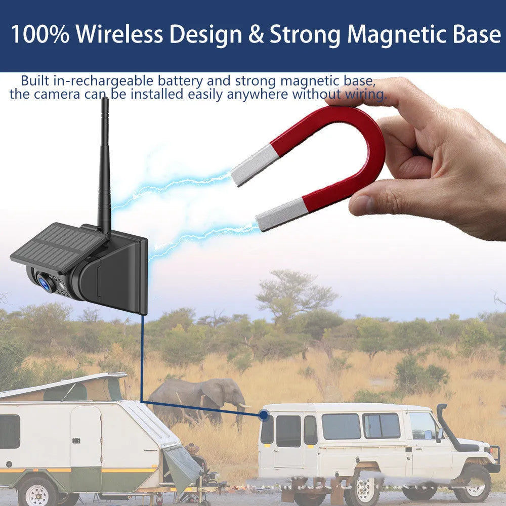 Solar wireless charging reversing camera with magnet suction mount for vehicle monitoring