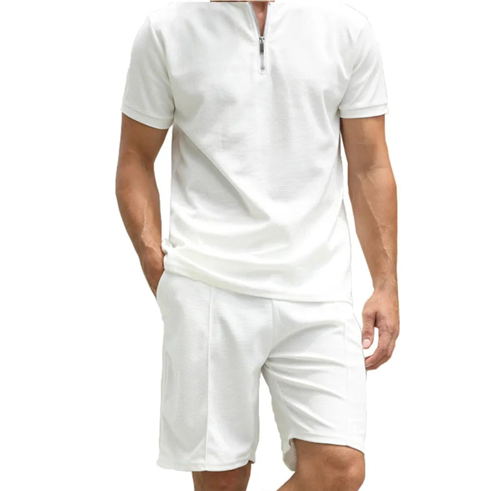 Men's solid colour polo shirt and trousers two-piece set in beaded bird's eye polyester fabric